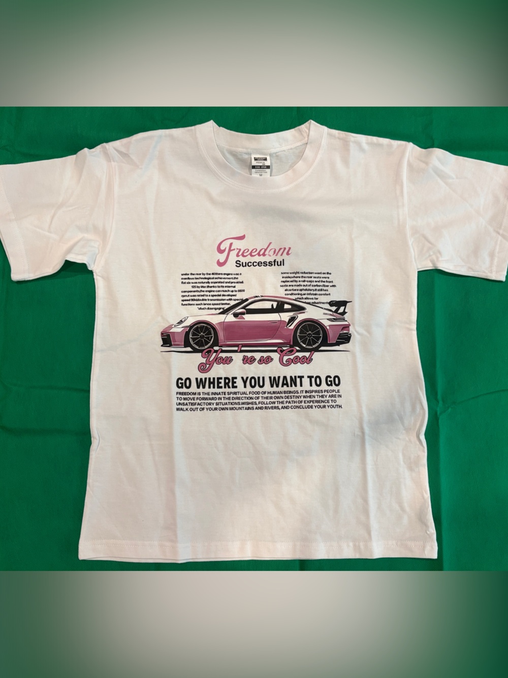White Graphic T-Shirt with Pink Car Design